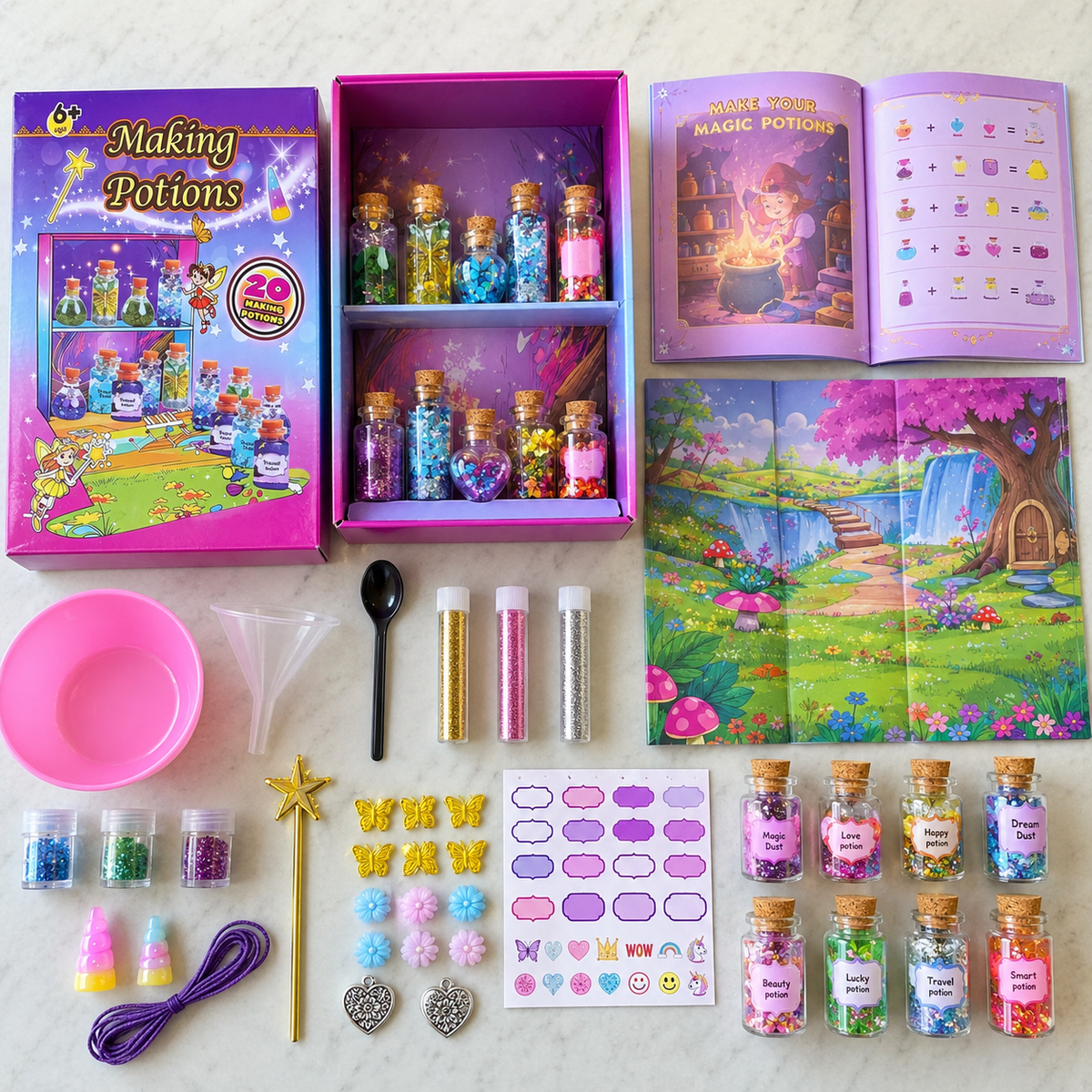 Flat lay of the full potion making kit contents