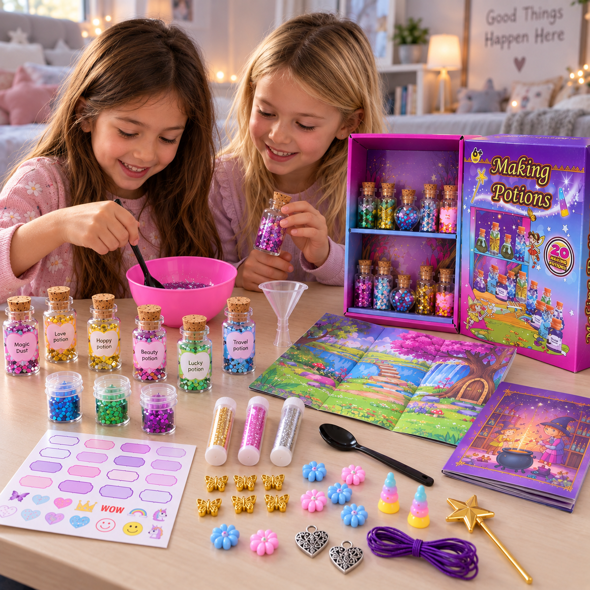 Two children mixing colourful potions together at a table