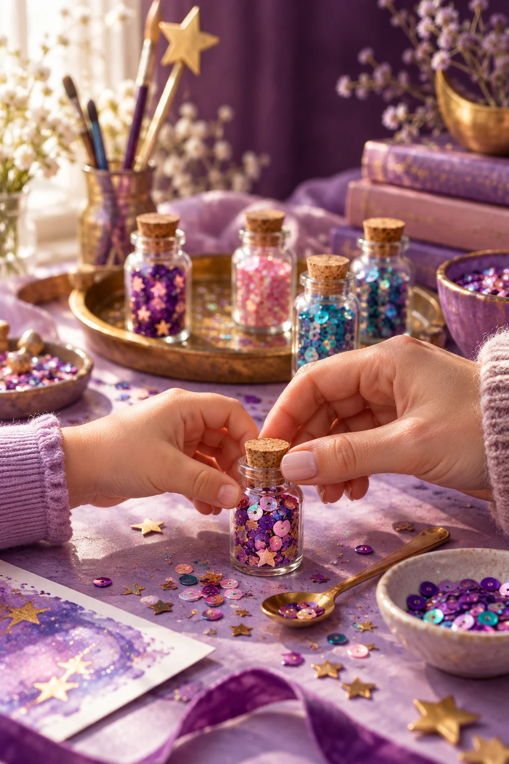 Colourful craft potion bottles on a lilac making table