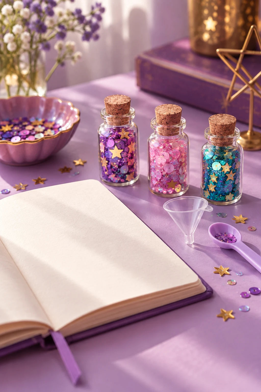 An open craft notebook, small bottles and mixing tools