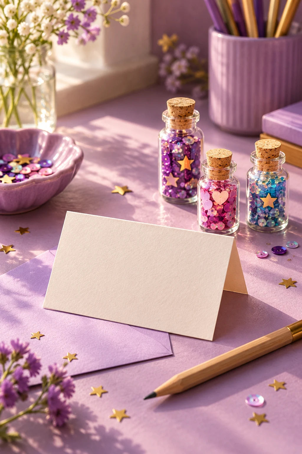 A note and lavender envelope beside colourful craft bottles